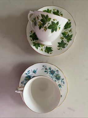 Elegant Floral Bone China Teacup and Saucer Set - Green & Blue